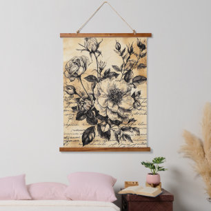 Vintage Sepia Rose Botanical Sketch Floral Script Hanging Tapestry