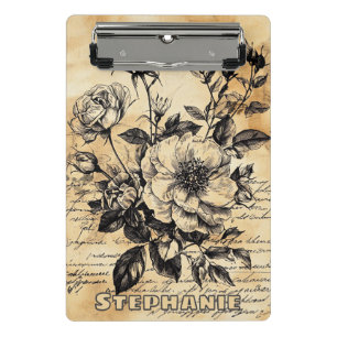 Vintage Sepia Rose Botanical Sketch Floral Script Mini Clipboard