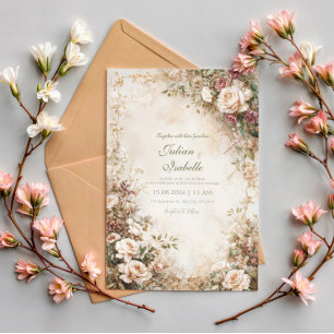 Vintage Sepia Rose Floral Dusty Mauve Wedding Invitation