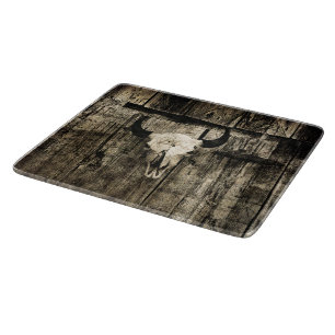 Vintage Sepia Rustic Farm Buffalo Skull Wood Barn Cutting Board