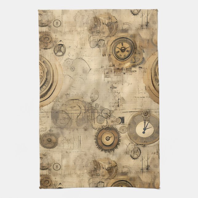 Vintage Sepia Steampunk Clocks and Mechanical Gear Tea Towel (Vertical)