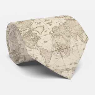 Vintage Sepia Tone Hand-Drawn World Map Tie