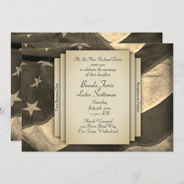 Vintage Sepia USA Flag Wedding Invitation (Front/Back)