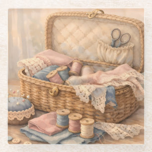 Vintage Sewing Basket Cottagecore Pastel Glass Coaster