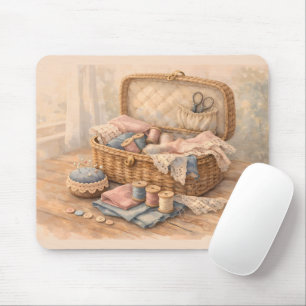 Vintage Sewing Basket Cottagecore Pastel Mouse Pad