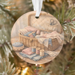 Vintage Sewing Basket Cottagecore Pastel Ornament