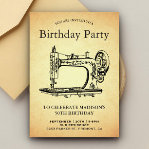 Vintage Sewing Machine Birthday Party Invitation