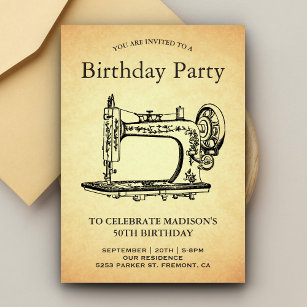 Vintage Sewing Machine Birthday Party Invitation