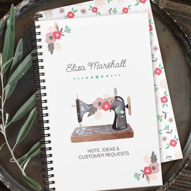 Vintage Sewing Machine Boho Floral Bouquet  Notebook (Sewing themed notebook - perfect for dressmaker seamstress quilt maker etc)