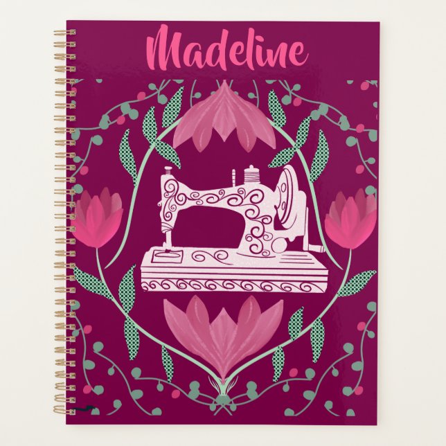 Vintage Sewing Machine:Floral Fuschia Personalised Planner (Front)