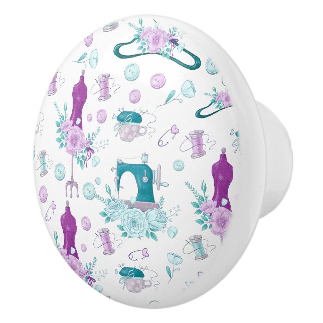 Vintage Sewing Machine Mannequin Blue Purple Ceramic Knob (Right)