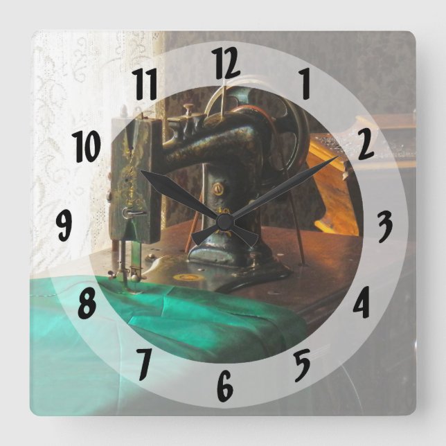 Vintage Sewing Machine Near Window Square Wall Clock (Front)