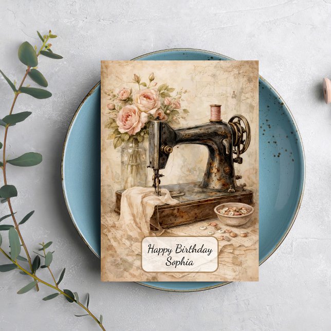 Vintage Sewing Machine Roses Card (Creator Uploaded)