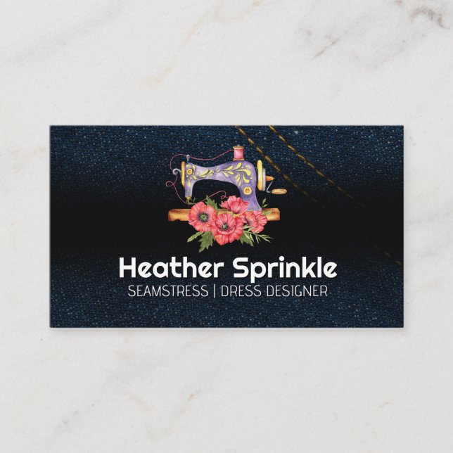 Vintage Sewing Machine | Roses | Jean Fabric Business Card (Front)