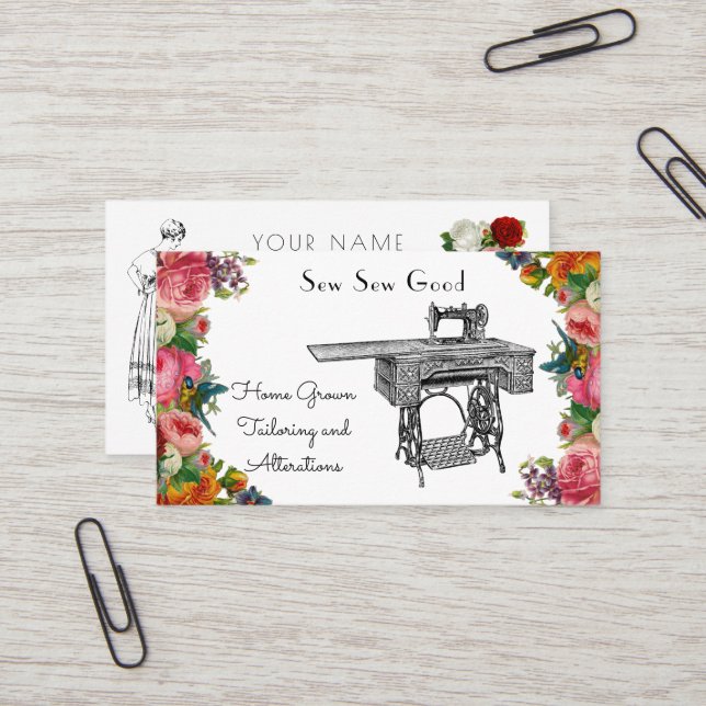 Vintage Sewing Machine Seamstress Business Cards (Front/Back In Situ)