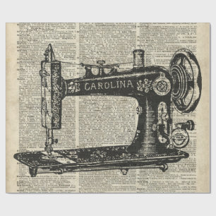 Vintage Sewing Machine Stencil Over Old Book Page Wrapping Paper