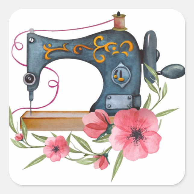 Vintage Sewing Machine with Pink Flowers  Square Sticker (Front)