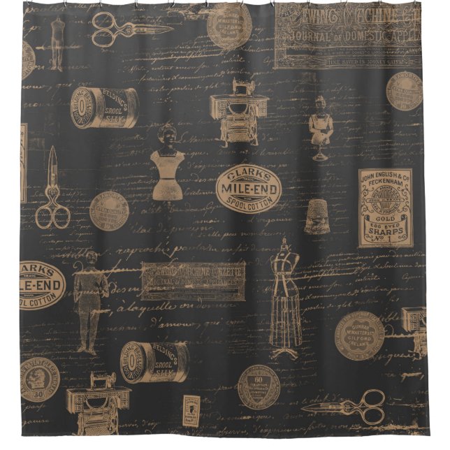 Vintage Sewing Notions Black Shower Curtain (Front)