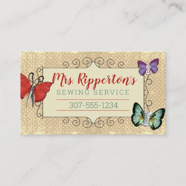 Vintage sewing notions butterflies seamstress business card (Front)