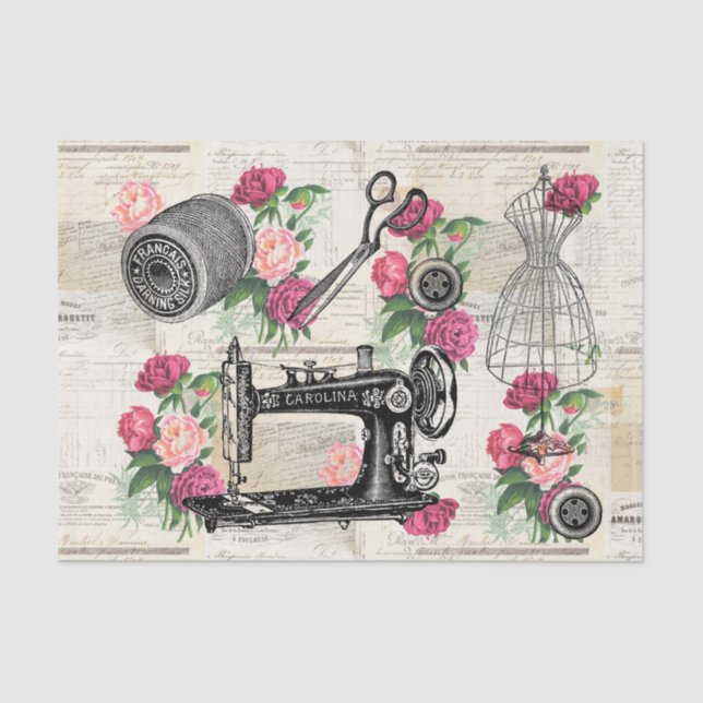 Vintage Sewing Pink Roses French Tissue Paper (Front)