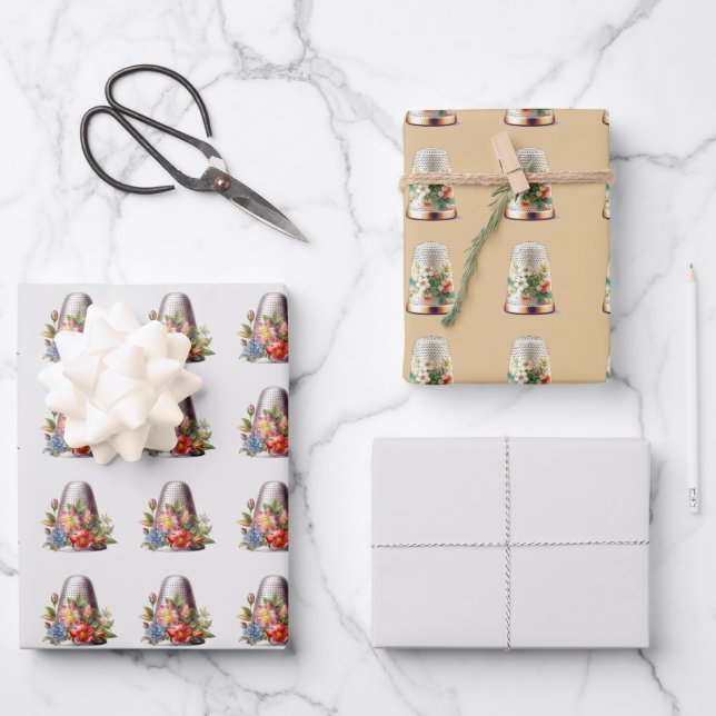 Vintage Sewing Thimbles Wrapping Paper Sheet (Front)