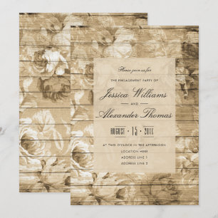 Vintage Shabby Antique Roses On Wood Engagement Invitation