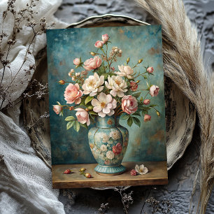 Vintage shabby blush roses bouquet in blue vase tissue paper