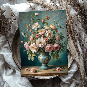 Vintage shabby blush roses bouquet in blue vase tissue paper