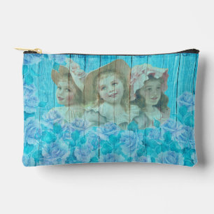Vintage Shabby Chic 3 Little Girls Floral  Accessory Pouch