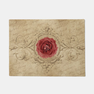 Vintage Shabby Chic Antique Single Red Rose Doormat