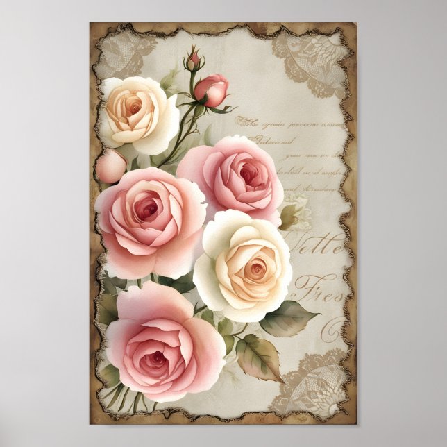  Vintage Shabby Chic Decoupage Roses Wall Art (Front)