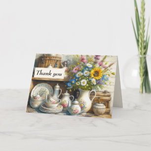 Vintage Shabby Chic Dishes Teapot and Wildflowers Thank You Card
