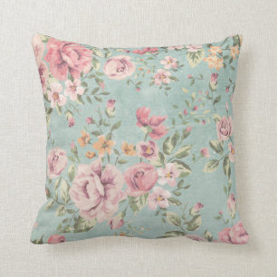 Vintage shabby chic floral teal pink girly elegant cushion