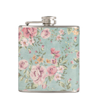 Vintage shabby chic floral teal pink girly elegant hip flask