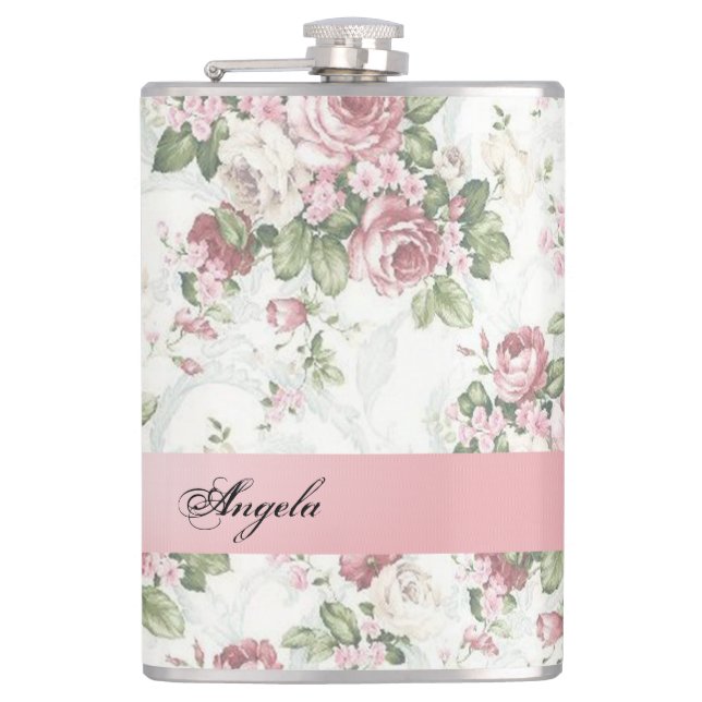 Vintage Shabby Chic Flowers-Personalised Hip Flask (Front)