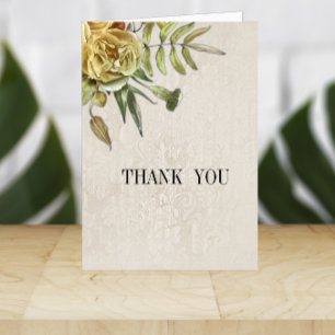 Vintage Shabby-Chic Gold Roses and Damask Wedding Thank You Card