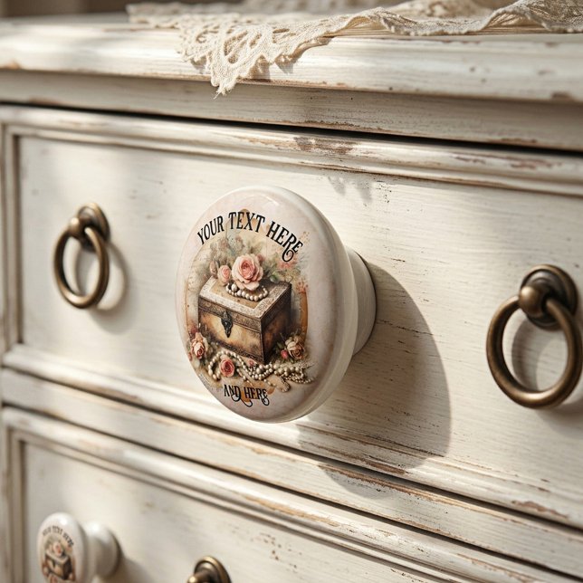 Vintage Shabby Chic Jewelry Pink Roses Ceramic Knob (Vintage style ceramic drawer knob featuring a Victorian jewelry chest with peach roses and pearls)