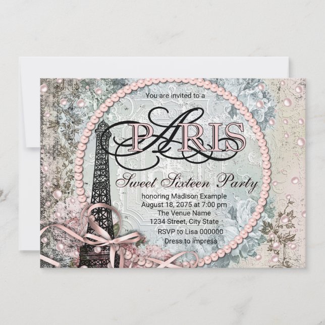 Vintage Shabby Chic Paris Sweet 16 Party Invitation (Front)