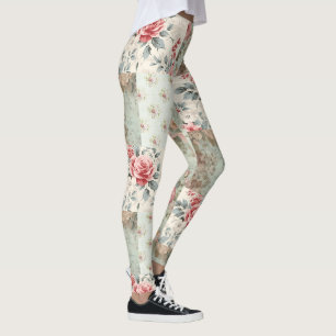 Vintage Shabby Chic Pastel Green Florals Patchwork Leggings