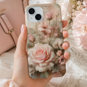 Vintage Shabby Chic Pastel Pink Rose iPhone 15 Case