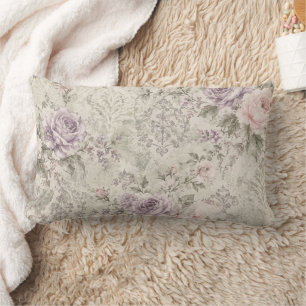 Vintage Shabby Chic Pink and Lavender Roses Lumbar Cushion