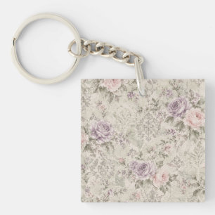 Vintage Shabby Chic Pink and Lavender Roses Lumbar Key Ring