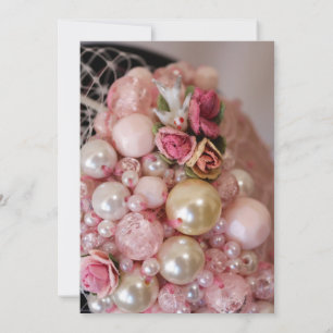 Vintage Shabby Chic Pink Beads & Fabric Roses Invitation