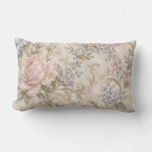 Vintage Shabby Chic Pink Peony Rose Floral Lumbar Cushion