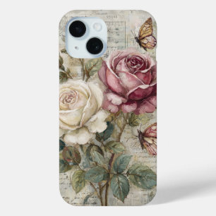 Vintage Shabby Chic Pink Rose and Butterfly  iPhone 15 Case