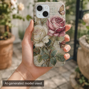 Vintage Shabby Chic Pink Rose and Butterfly iPhone 15 Case