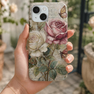 Vintage Shabby Chic Pink Rose and Butterfly iPhone 15 Case