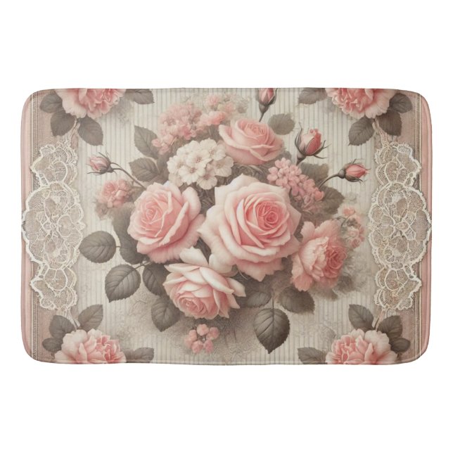 Vintage Shabby Chic Pink Rose Floral Bath Mat (Front)
