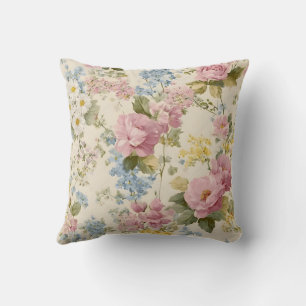 Vintage Shabby Chic Pink Roses and Wildflowers Cushion