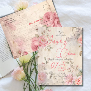 Vintage shabby chic pink wedding invitation postcard
